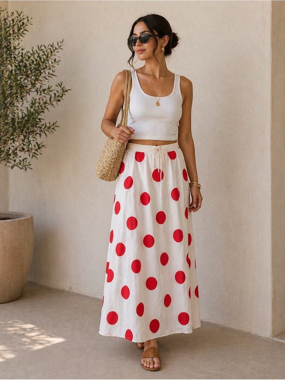 Brave+True Polka Dot Maxi Skirt - Red/White Size S NWOT